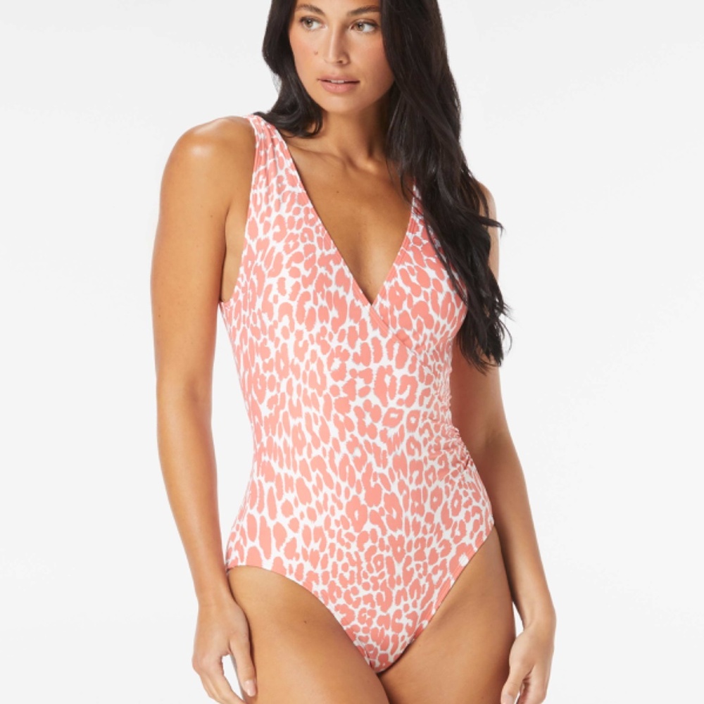 CARMEN MARC VALVO V-NECK SURPLICE ONE PIECE SWIMSUIT - FOIL JUNGLE CHEETAH